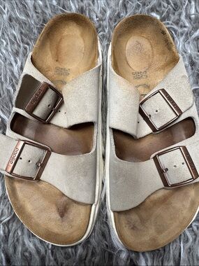 Papillio Two-Band Buckle Suede Platforms by Birkenstock-Taupe